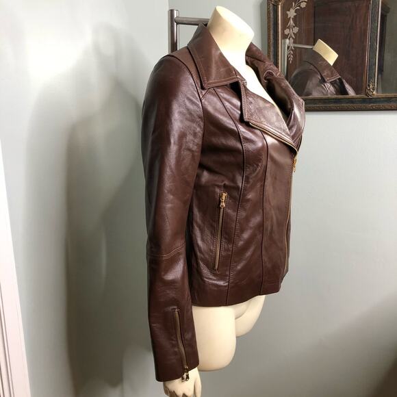 Leather Moto Jacket in chocolate brown gold zip - Picture 4 of 9
